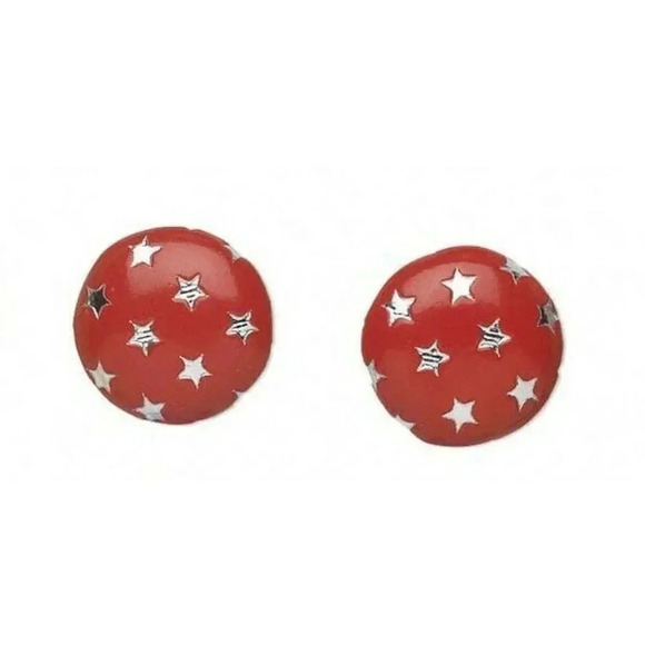 Vegan Faux Leather Round 15mm Button Post Earrings Red w Silver Metallic Stars - Picture 1 of 1